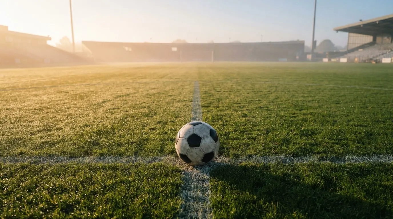 Ein Fußball auf dem Mittelkreis eines leeren Rasenplatzes im frühen Morgenlicht.