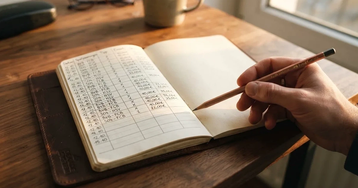 Ein Notizbuch mit handschriftlichen Zahlenreihen und Kästchen liegt neben einem Taschenrechner und einem Bleistift auf einem Schreibtisch.