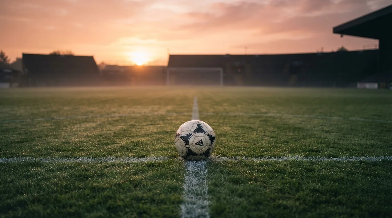 Ein Fußball liegt am Rand des Mittelkreises auf einem leeren Rasenplatz bei Sonnenaufgang.