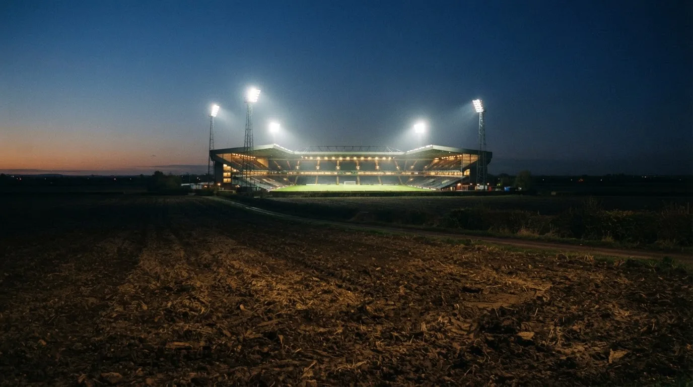 Ein Stadion unter Flutlicht aus großer Entfernung, davor ein dunkler Acker im Abendlicht.