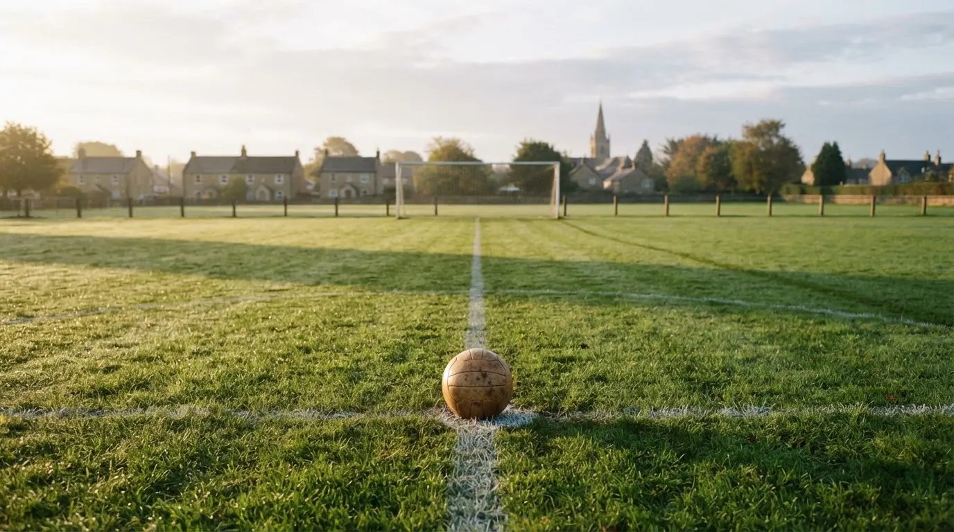 Ein Fußball auf dem Rasen eines leeren Sportplatzes am Rand einer Kleinstadt im Morgenlicht.