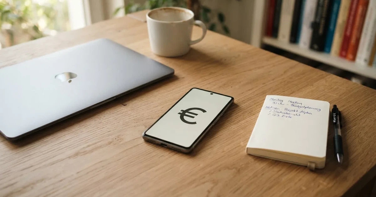 Ein Laptop mit geschlossenem Deckel steht neben einer Kaffeetasse und einem Notizbuch auf einem hellen Schreibtisch.