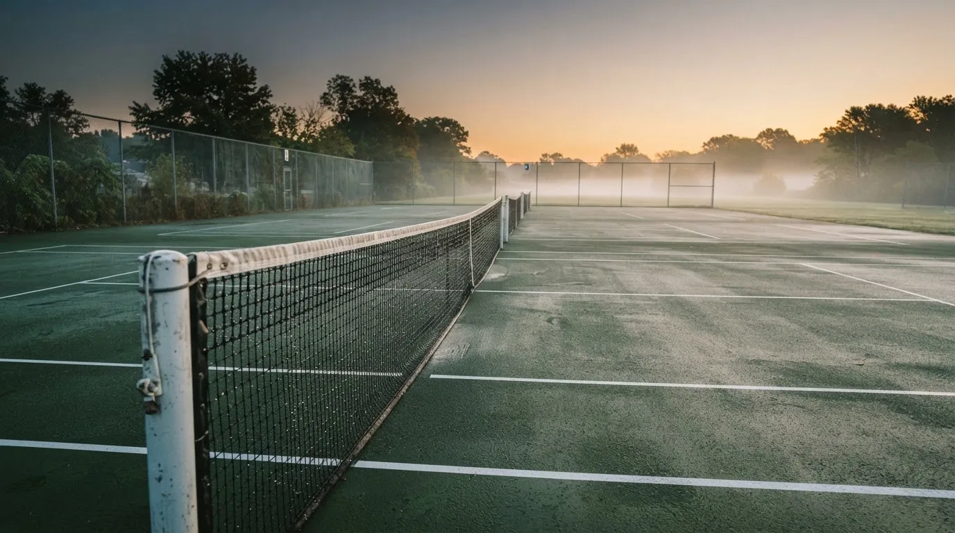 Ein Tennisplatz im Morgengrauen, das Netz und die Linien liegen im Tau, im Hintergrund leichter Nebel und kein Mensch zu sehen.