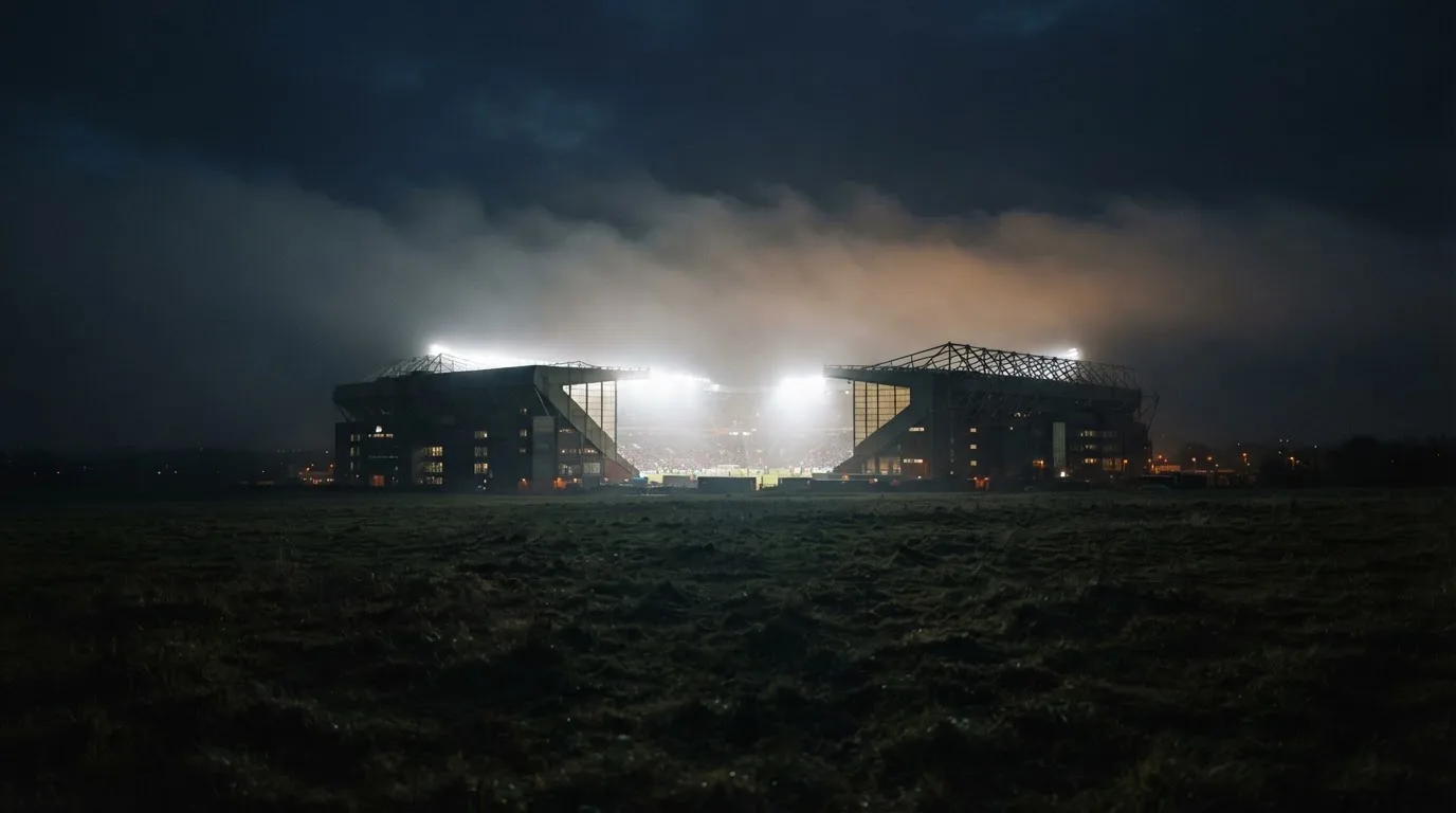 Ein Stadion unter Flutlicht, aus großer Entfernung über eine dunkle Wiese fotografiert, am Himmel zieht Nebel auf.
