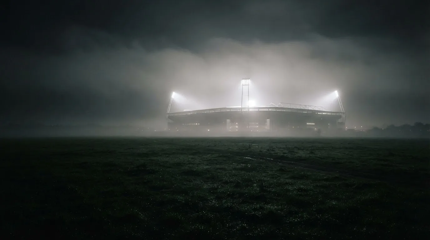 Ein Stadion unter Flutlicht, aus großer Entfernung über eine dunkle Wiese fotografiert, am Himmel zieht Nebel auf.