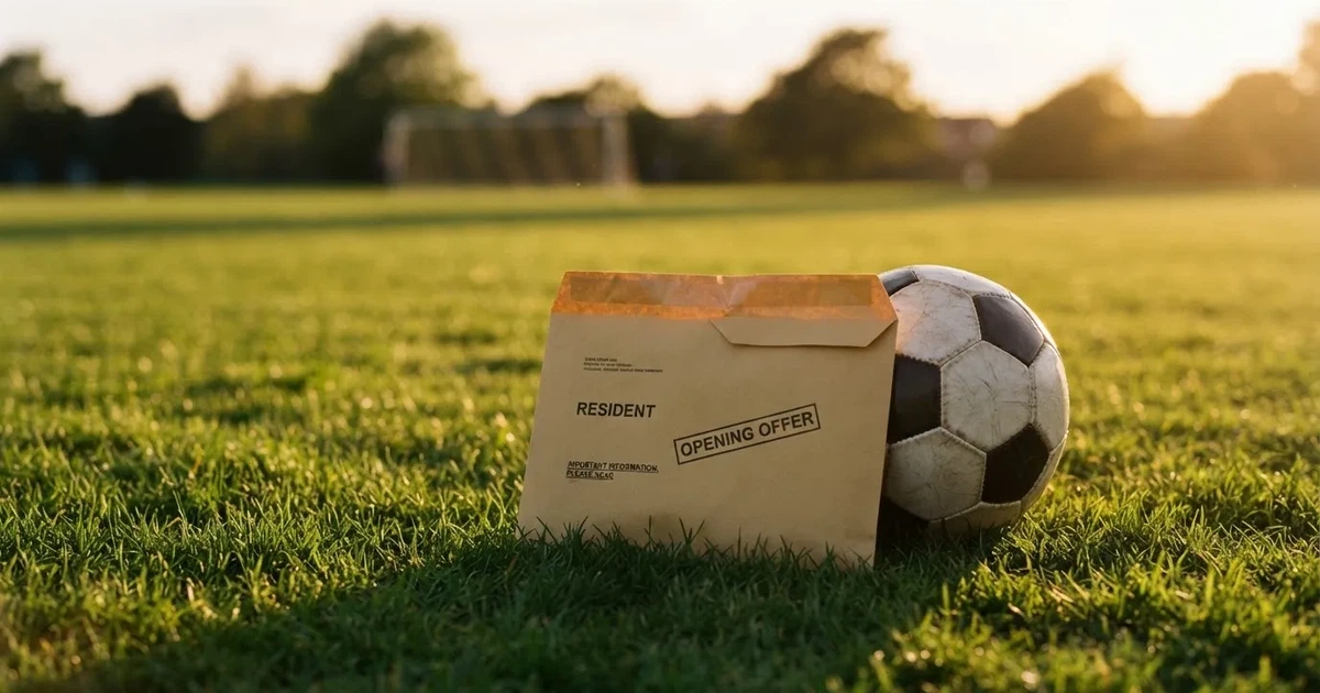 Ein verschlossener leerer Briefumschlag liegt neben einem Fußball auf grünem Rasen im warmen Licht des Nachmittags.