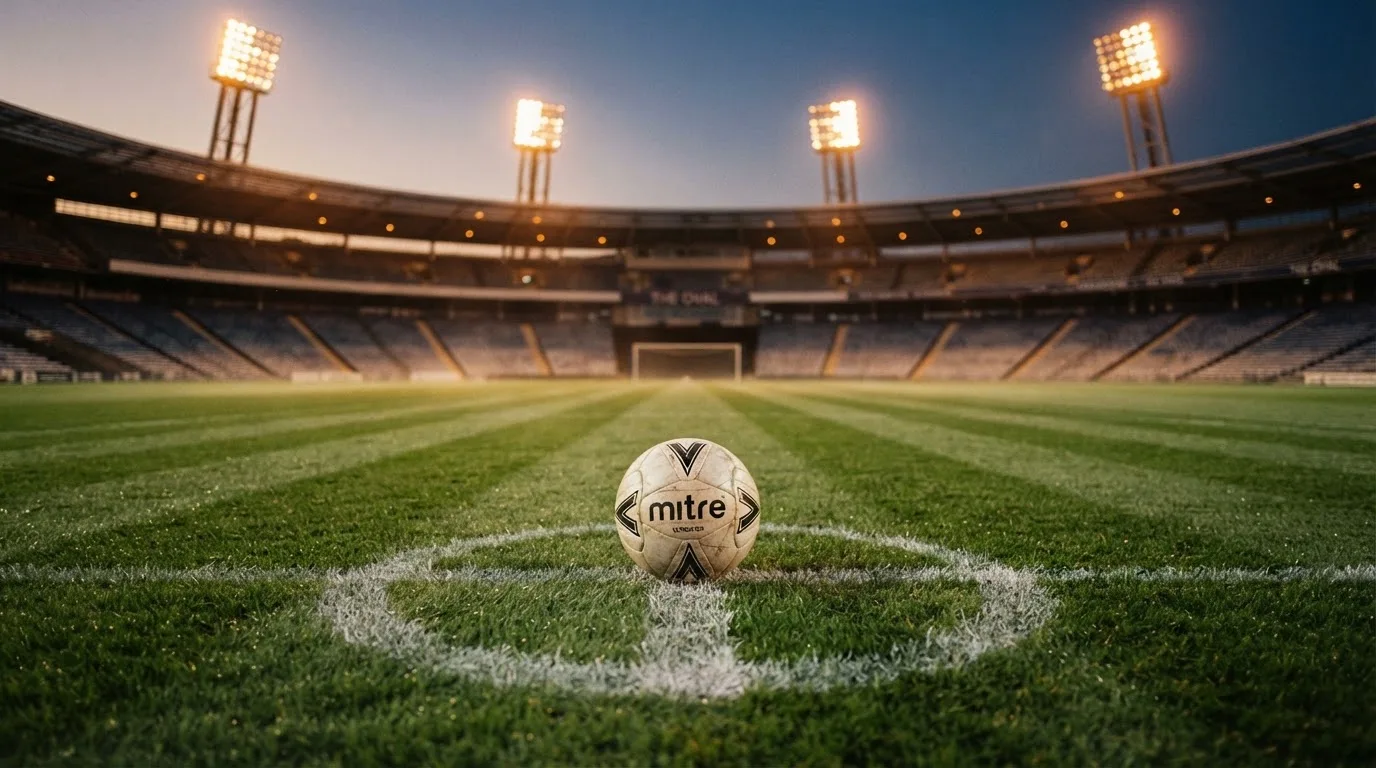 Ein Fußball liegt auf dem Anstoßpunkt eines leeren Rasenplatzes, im Hintergrund steht ein Stadion unter Flutlicht in der Dämmerung.