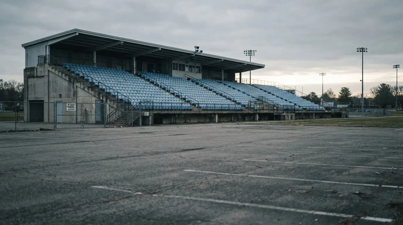 Eine leere Tribüne eines kleinen Stadions am frühen Morgen, aus der Ferne über einen menschenleeren Parkplatz fotografiert.