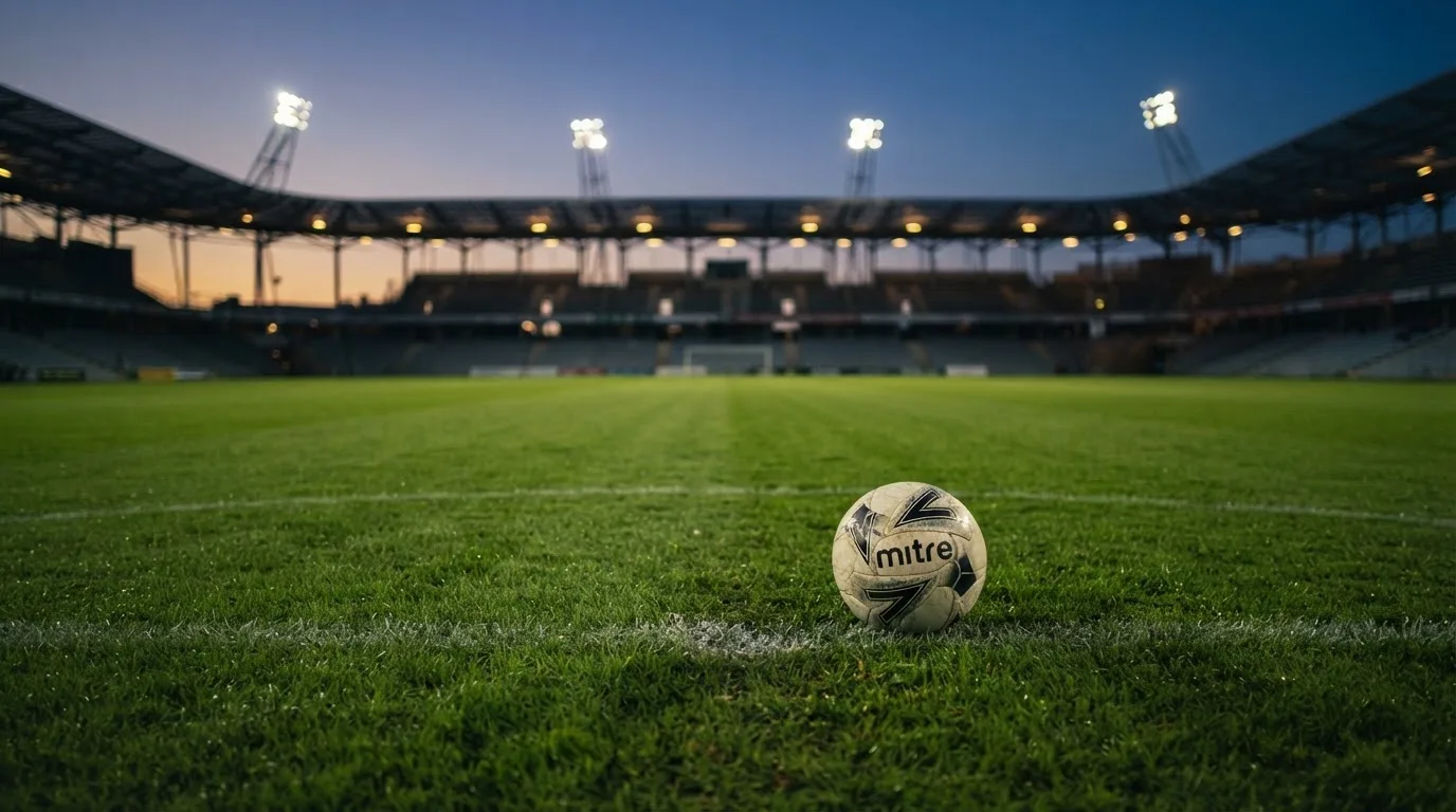 Ein Fußball liegt auf dem Rasen eines leeren Platzes, im Hintergrund ein Stadion unter Flutlicht in der Abenddämmerung.