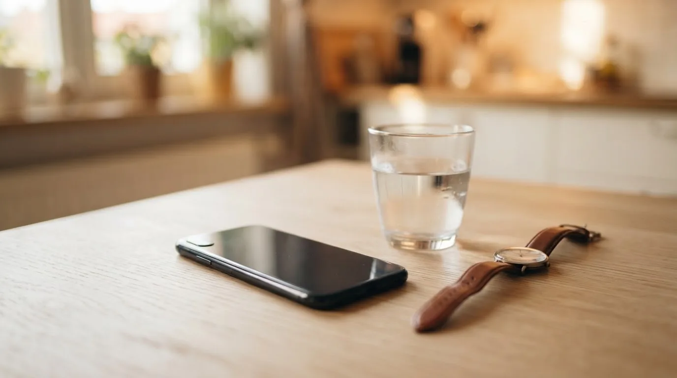 Ein Smartphone liegt mit dem Display nach unten auf einem Küchentisch, daneben stehen ein Glas Wasser und eine Armbanduhr.
