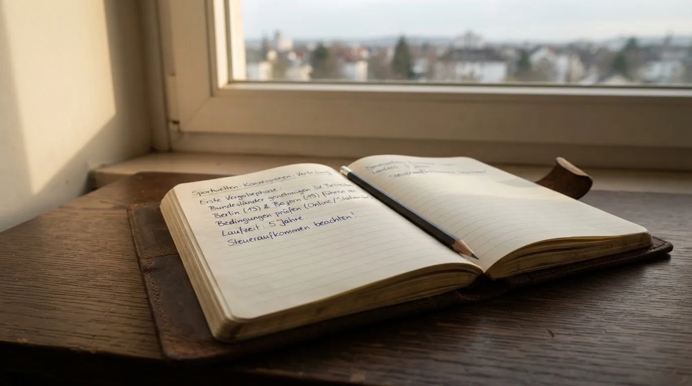 Ein Notizbuch mit handschriftlichen Notizen und ein Bleistift liegen auf einem Schreibtisch am Fenster, draußen fällt Morgenlicht herein.
