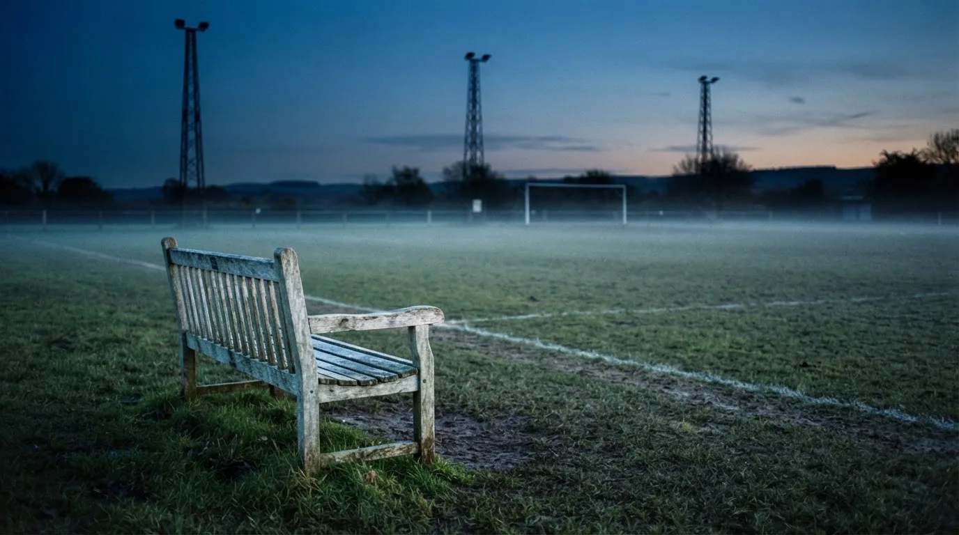 Eine leere Parkbank am Rand eines Fußballfelds in der Abenddämmerung, im Hintergrund ragen dunkle Flutlichtmasten in den Himmel.