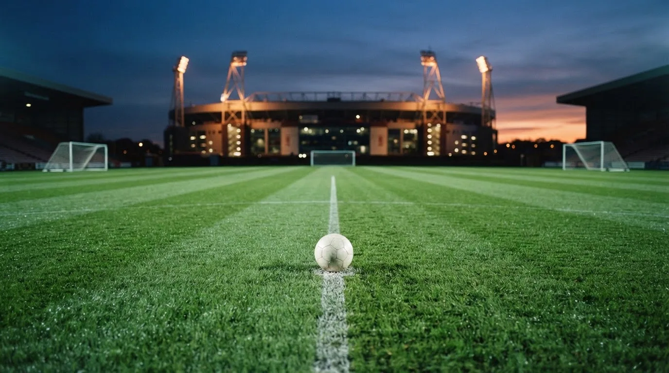 Ein Fußball liegt auf dem Anstoßpunkt eines leeren Rasenplatzes, im Hintergrund steht ein Stadion unter Flutlicht in der Dämmerung.