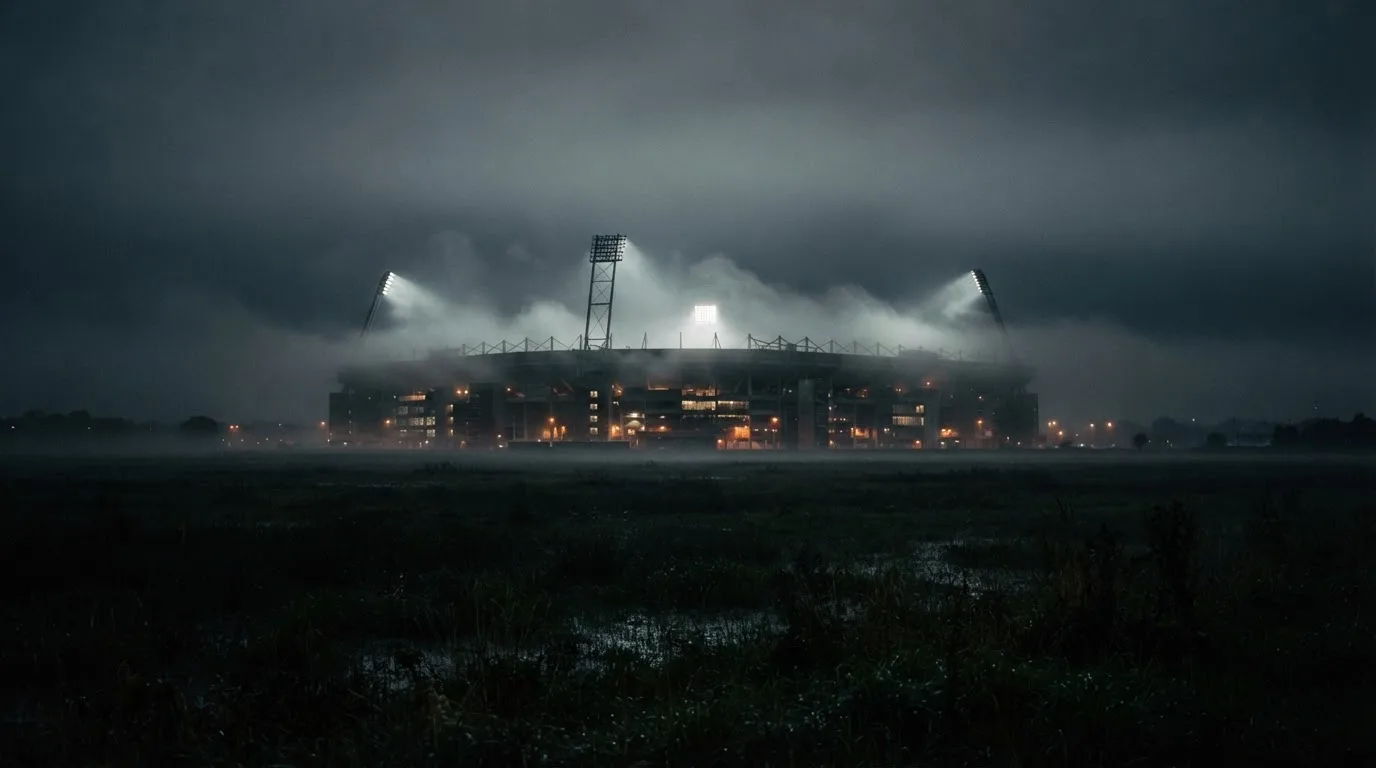 Ein Stadion unter Flutlicht, aus großer Entfernung über eine dunkle Wiese fotografiert, am Himmel zieht Nebel auf.