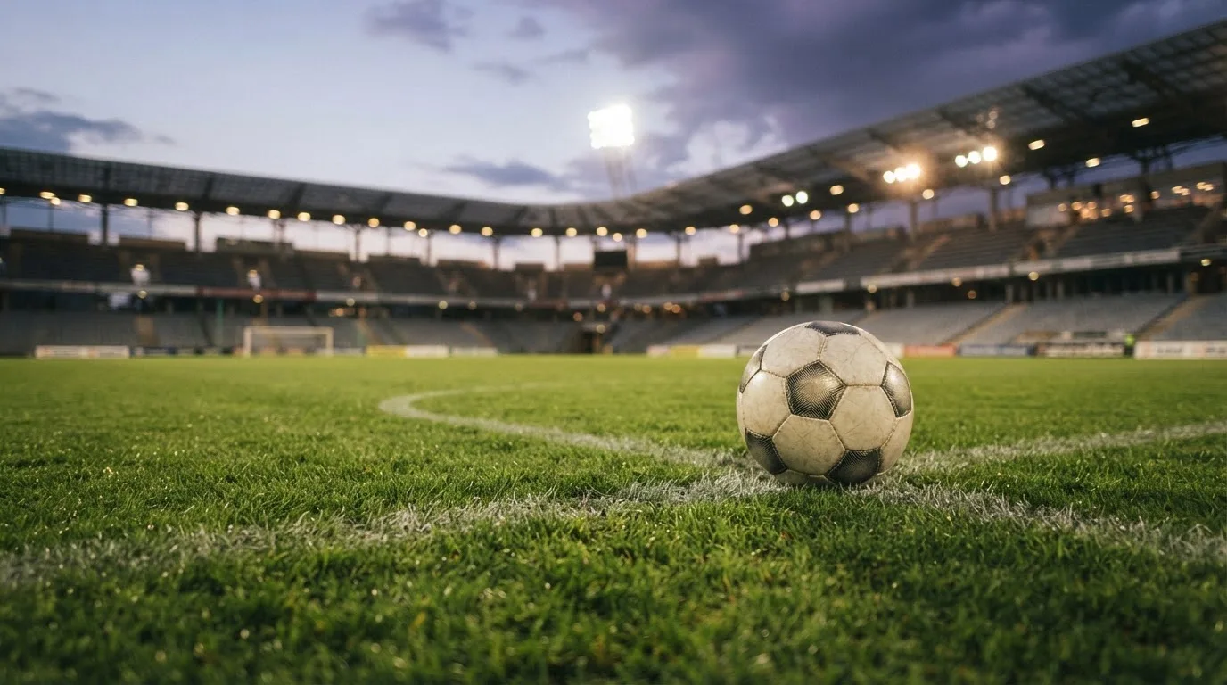 Ein Fußball liegt auf dem Rasen eines leeren Platzes, im Hintergrund ein Stadion unter Flutlicht in der Abenddämmerung.