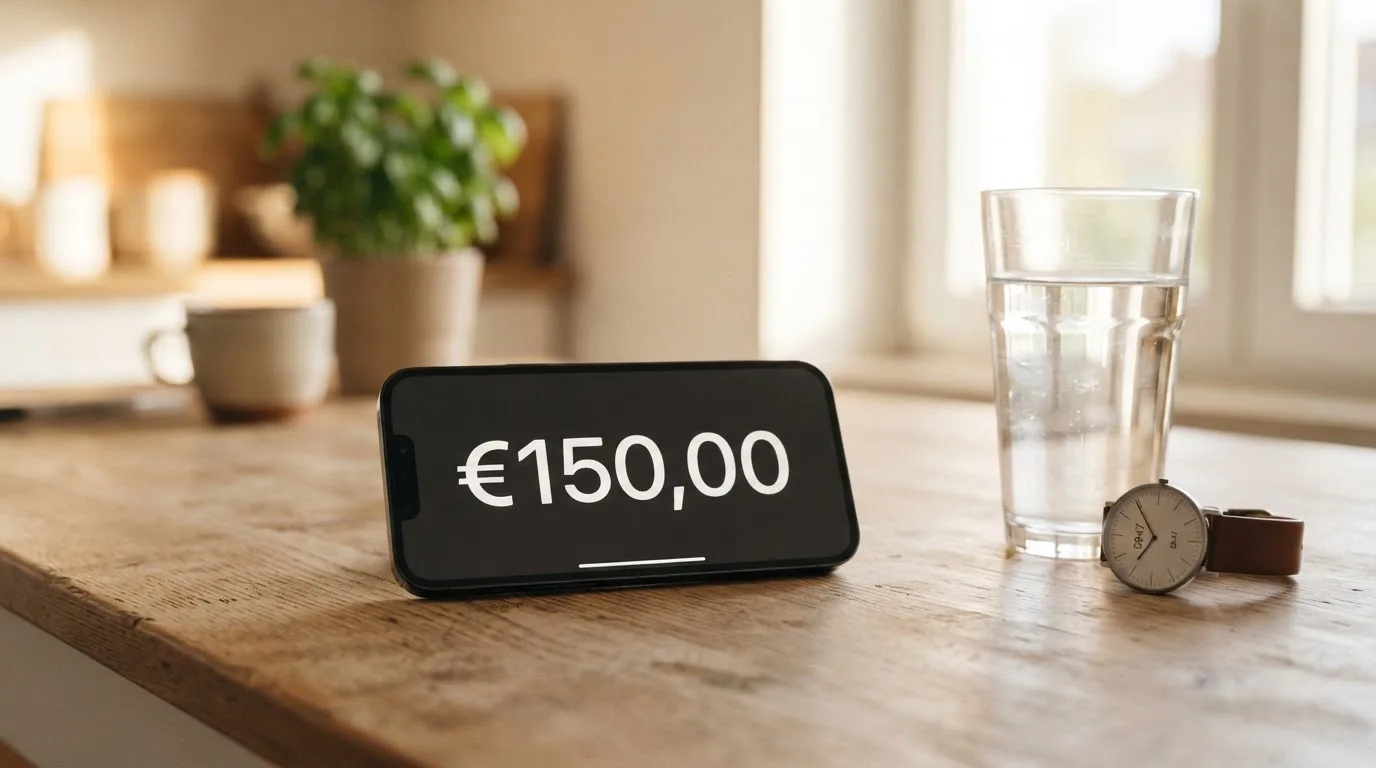 Ein Smartphone liegt mit dem Display nach unten auf einem Küchentisch, daneben stehen ein Glas Wasser und eine Armbanduhr.