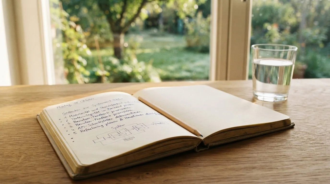 Ein Notizbuch mit handschriftlichen Notizen und ein Bleistift liegen auf einem Schreibtisch am Fenster, draußen fällt Morgenlicht herein.