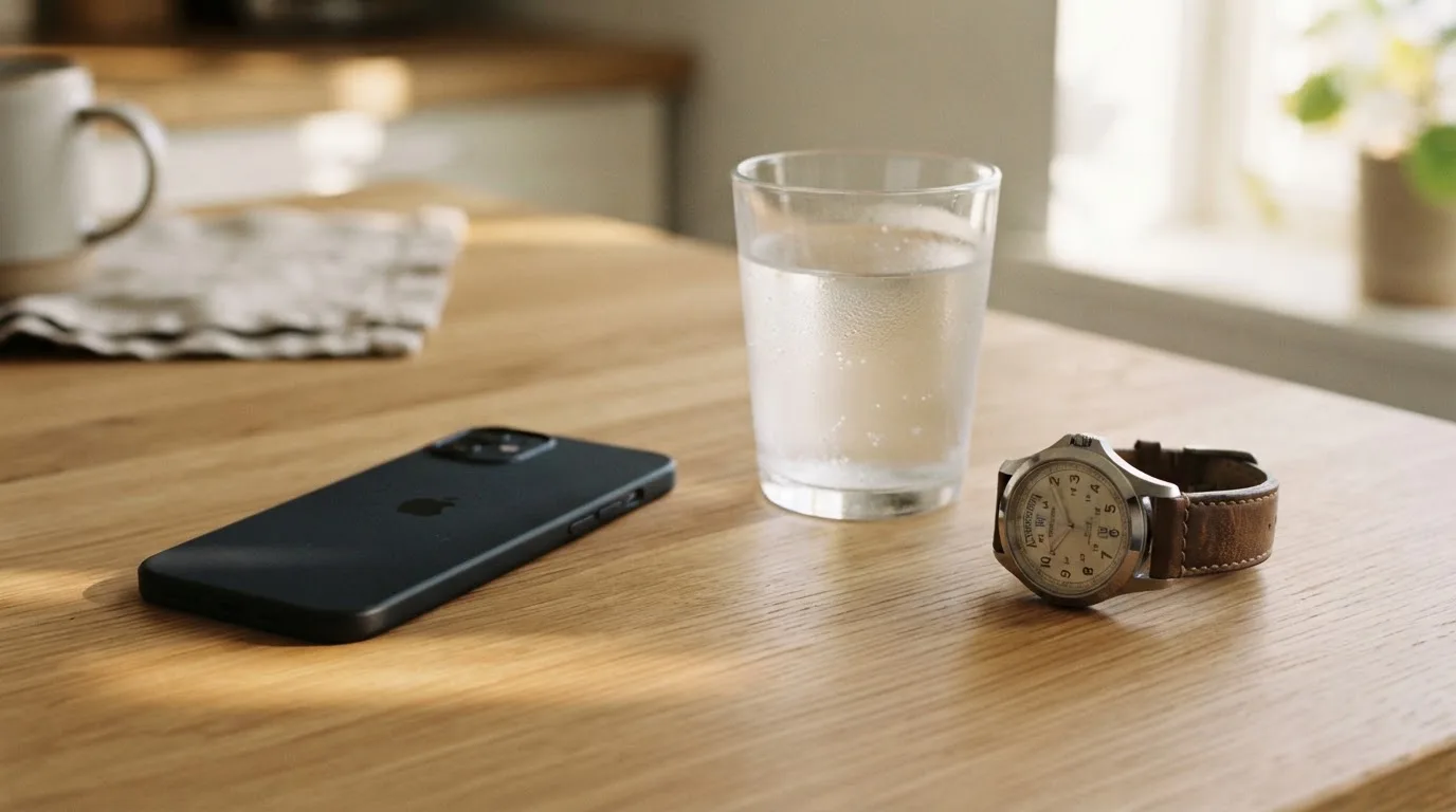 Ein Smartphone liegt mit dem Display nach unten auf einem Küchentisch, daneben stehen ein Glas Wasser und eine Armbanduhr.