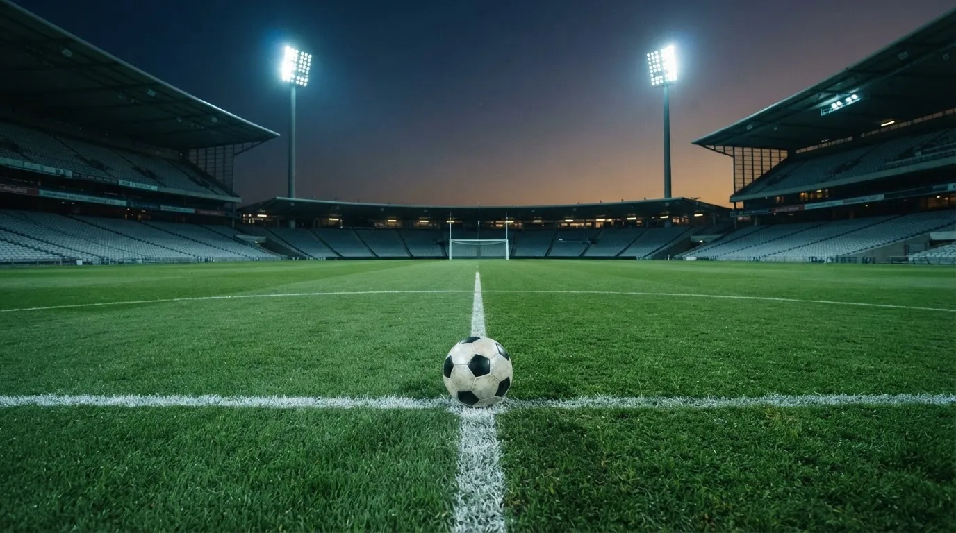 Ein Fußball liegt auf dem Anstoßpunkt eines leeren Rasenplatzes, im Hintergrund steht ein Stadion unter Flutlicht in der Dämmerung.