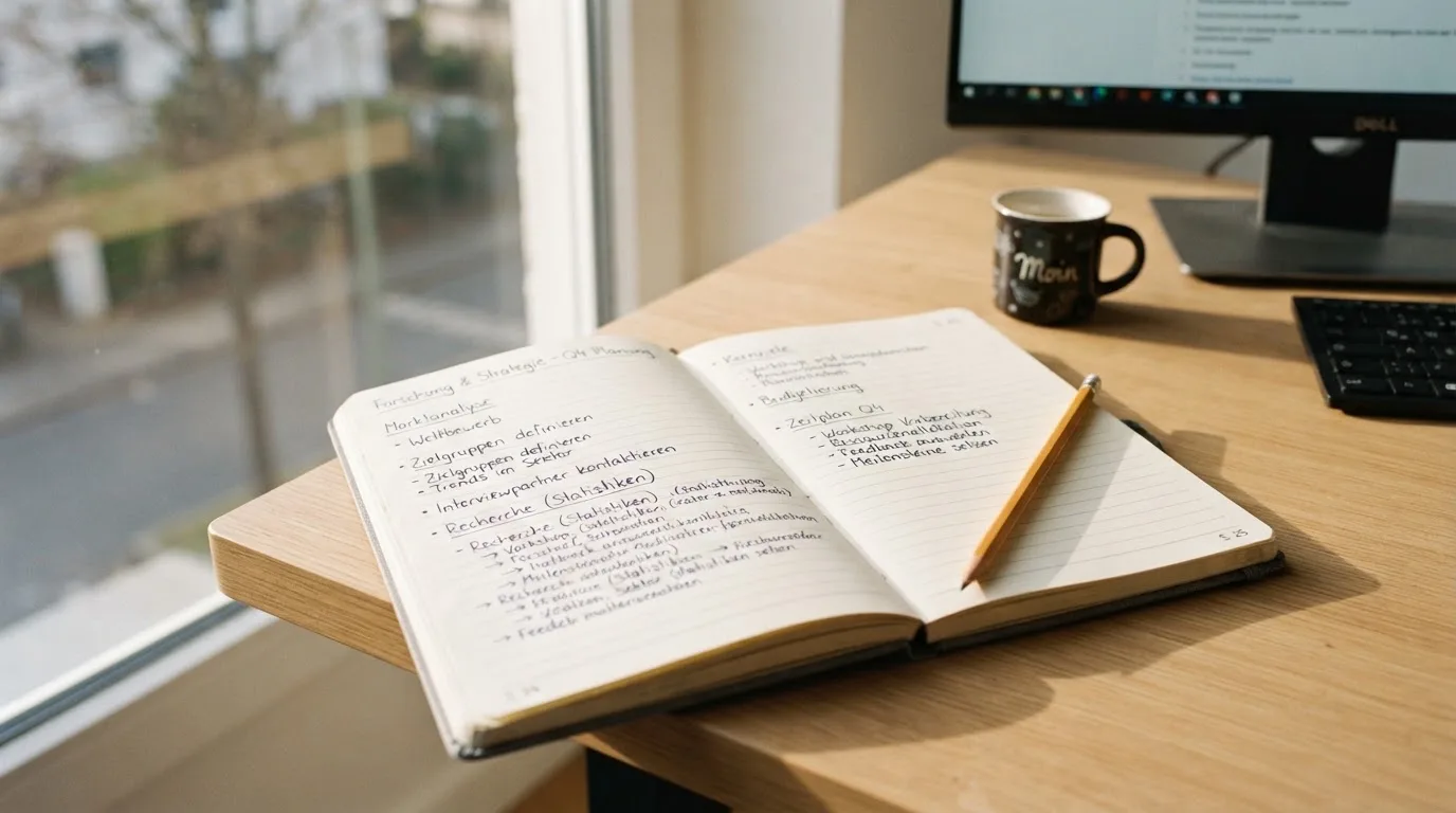 Ein Notizbuch mit handschriftlichen Notizen und ein Bleistift liegen auf einem Schreibtisch am Fenster, draußen fällt Morgenlicht herein.