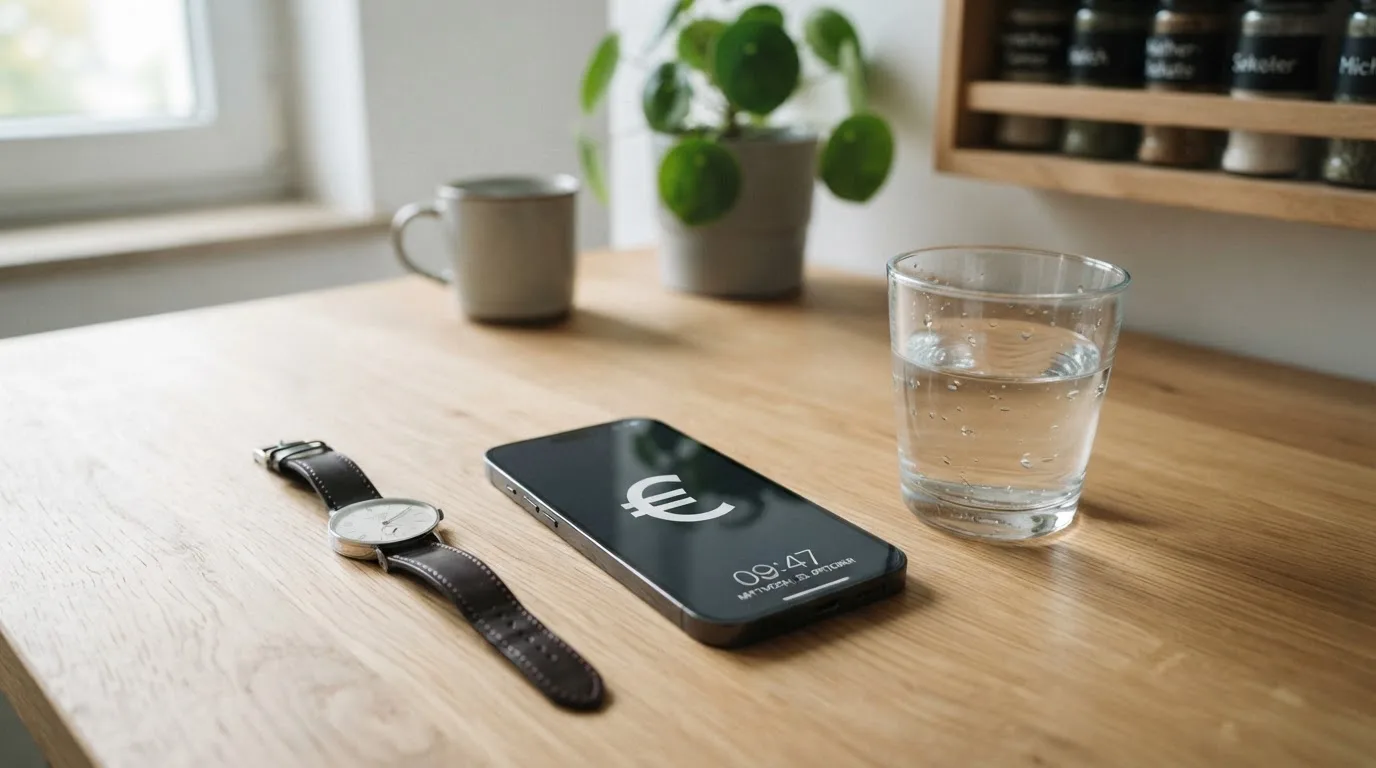 Ein Smartphone liegt mit dem Display nach unten auf einem Küchentisch, daneben stehen ein Glas Wasser und eine Armbanduhr.