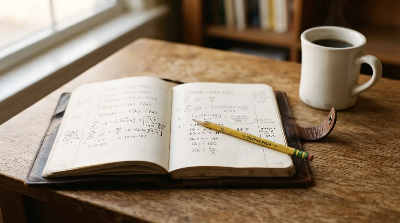 Ein Notizbuch mit handschriftlichen Rechnungen und ein Taschenrechner liegen auf einem Schreibtisch neben einer Tasse Kaffee im Licht des frühen Morgens.
