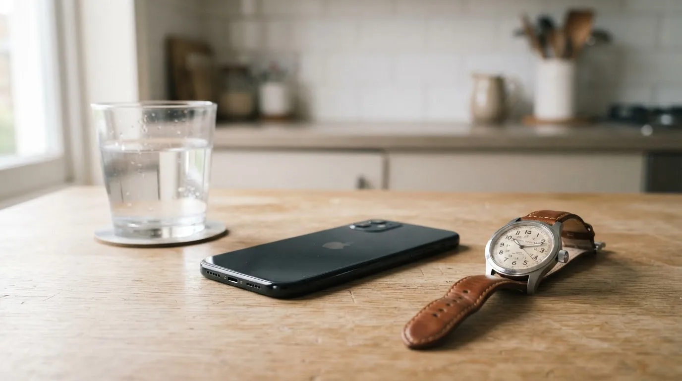 Ein Smartphone liegt mit dem Display nach unten auf einem Küchentisch, daneben stehen ein Glas Wasser und eine Armbanduhr.