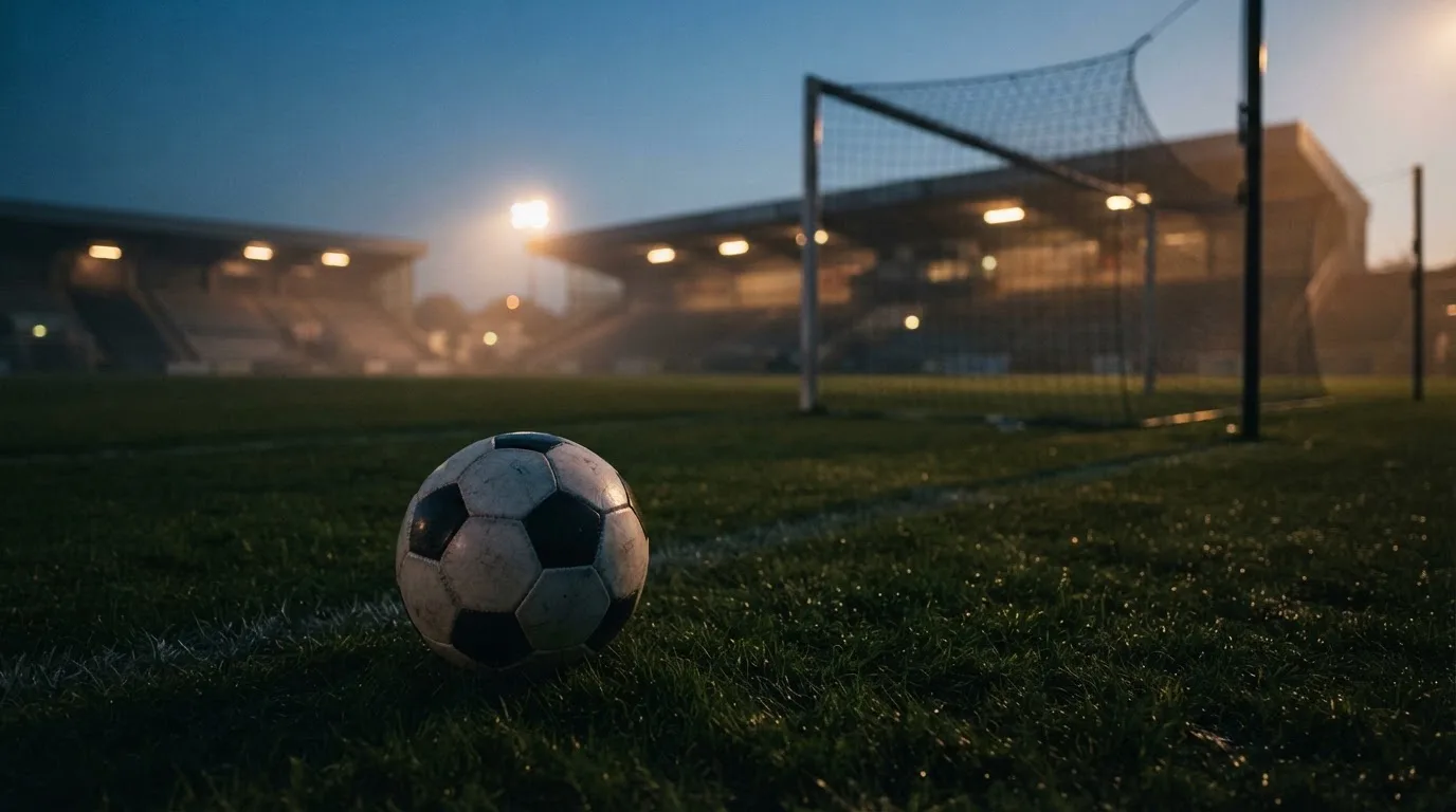 Ein Fußball liegt auf dem Rasen eines leeren Platzes, im Hintergrund ein Stadion unter Flutlicht in der Abenddämmerung.