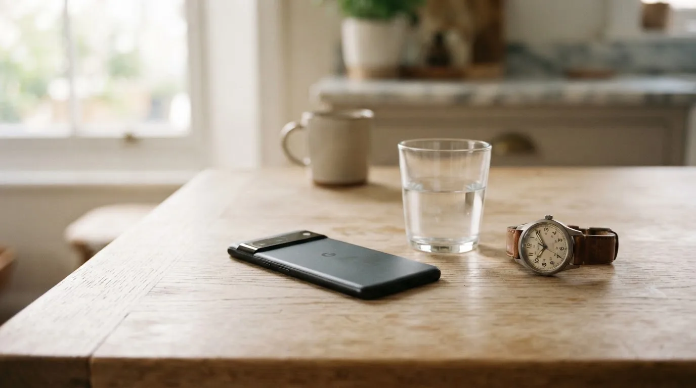 Ein Smartphone liegt mit dem Display nach unten auf einem Küchentisch, daneben stehen ein Glas Wasser und eine Armbanduhr.