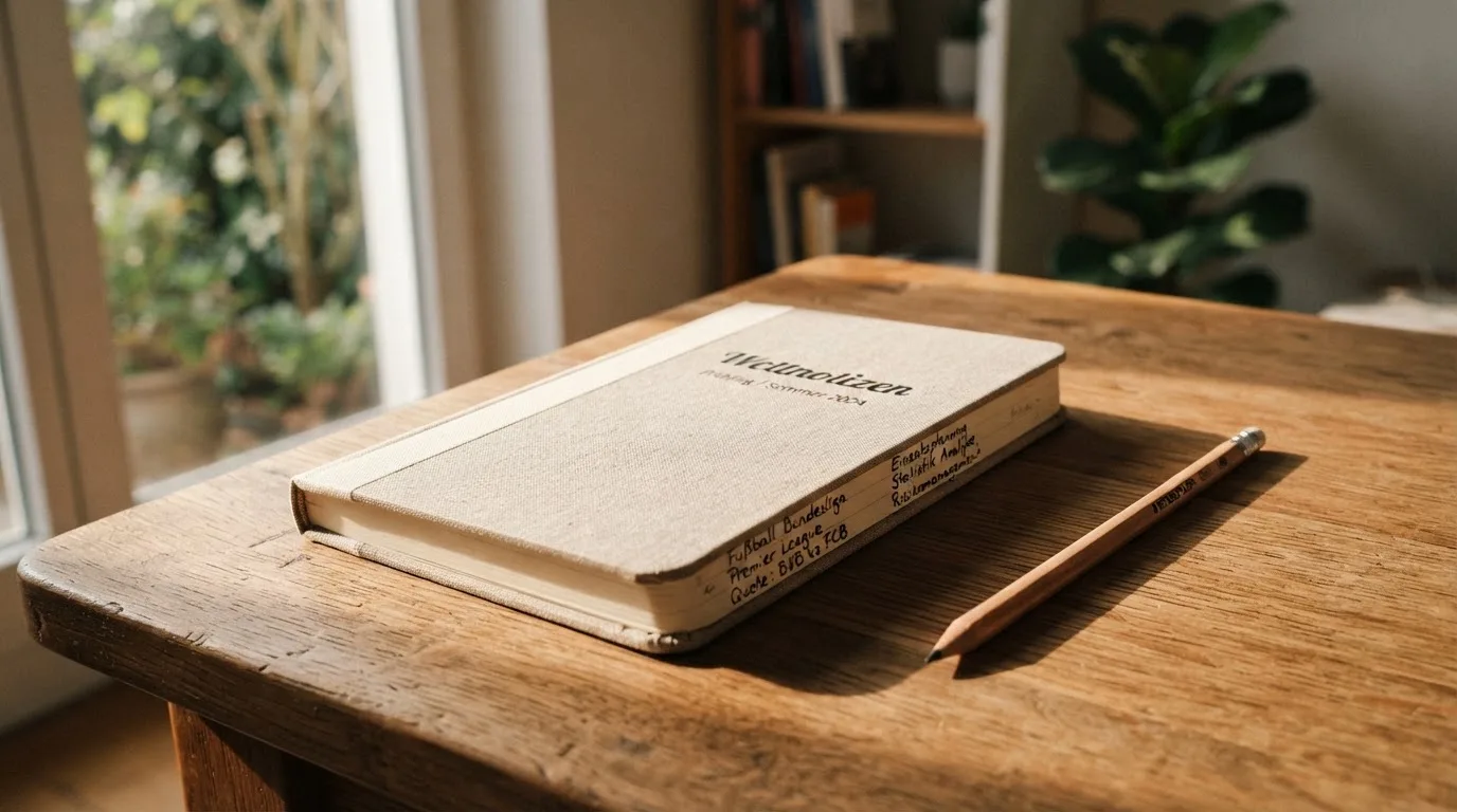 Ein Notizbuch mit handschriftlichen Notizen und ein Bleistift liegen auf einem Schreibtisch am Fenster, draußen fällt Morgenlicht herein.