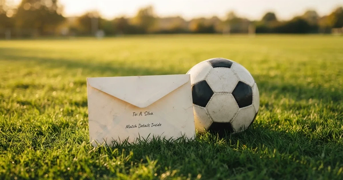 Ein verschlossener leerer Briefumschlag liegt neben einem Fußball auf grünem Rasen im warmen Licht des Nachmittags.