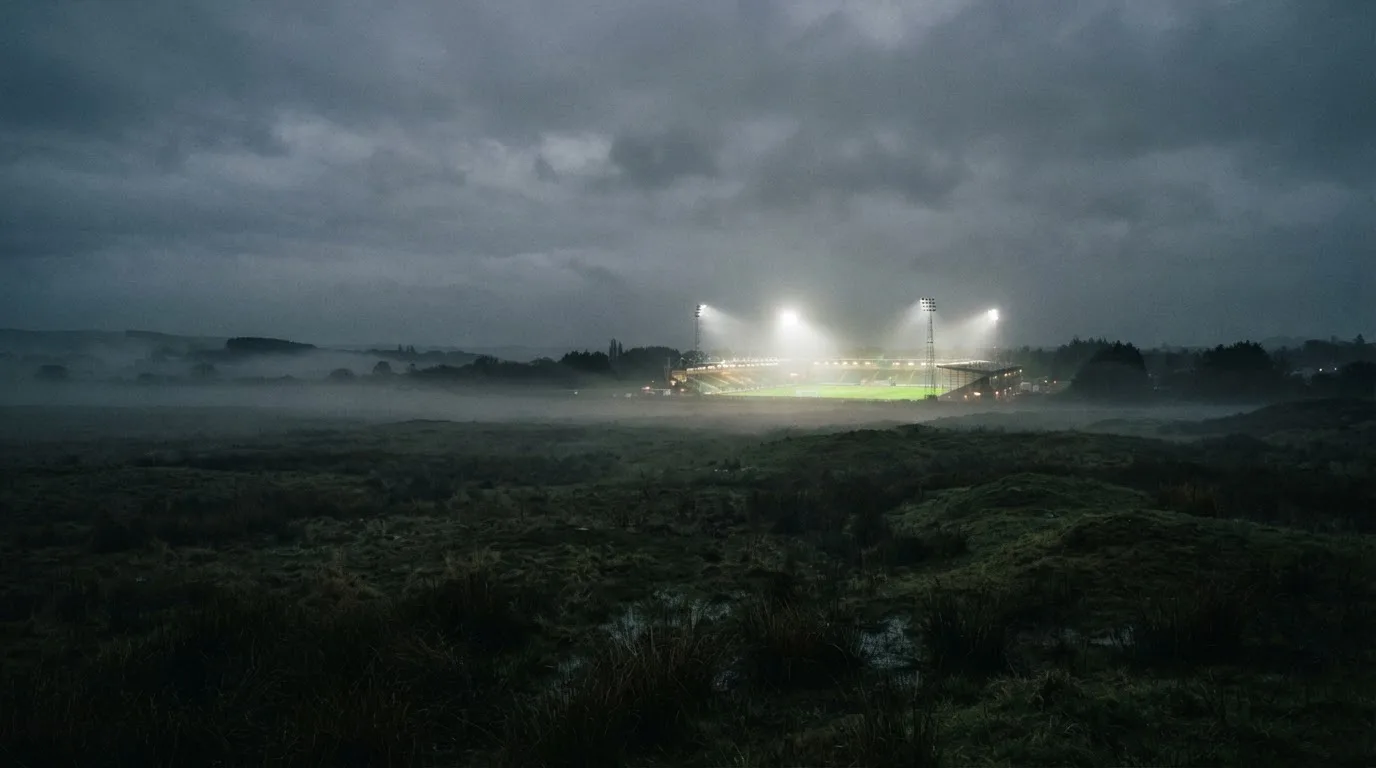 Ein Stadion unter Flutlicht, aus großer Entfernung über eine dunkle Wiese fotografiert, am Himmel zieht Nebel auf.