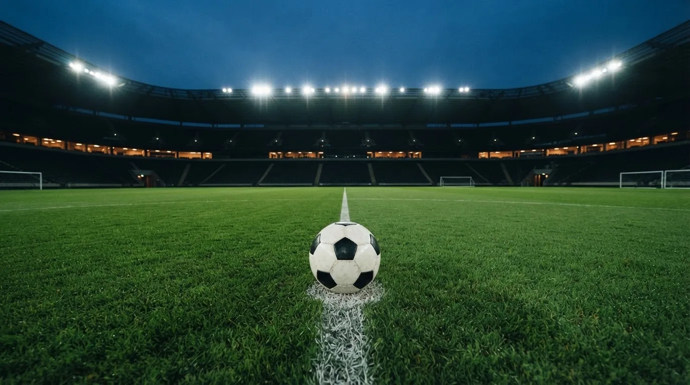Ein Fußball liegt auf dem Anstoßpunkt eines leeren Rasenplatzes, im Hintergrund steht ein Stadion unter Flutlicht in der Dämmerung.