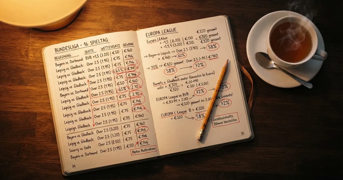 Ein Notizbuch mit handschriftlichen Notizen und Pfeilen liegt aufgeschlagen auf einem Schreibtisch, daneben ein Bleistift und eine Tasse Tee.