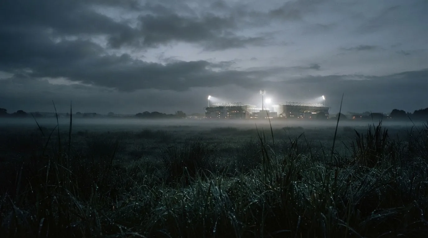 Ein Stadion unter Flutlicht, aus großer Entfernung über eine dunkle Wiese fotografiert, am Himmel zieht Nebel auf.