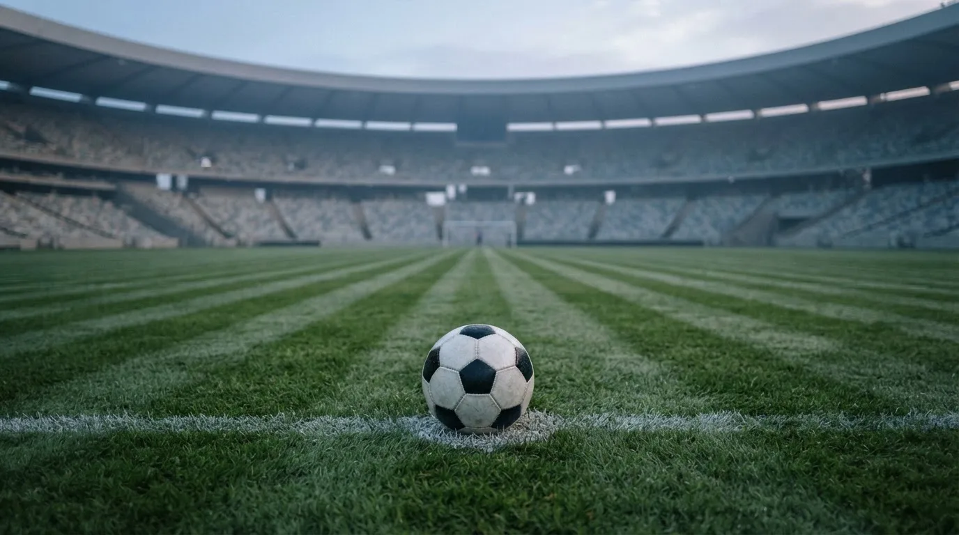 Ein Fußball liegt auf dem Anstoßpunkt eines leeren Rasenplatzes in der Morgendämmerung, im Hintergrund eine leere Tribüne.