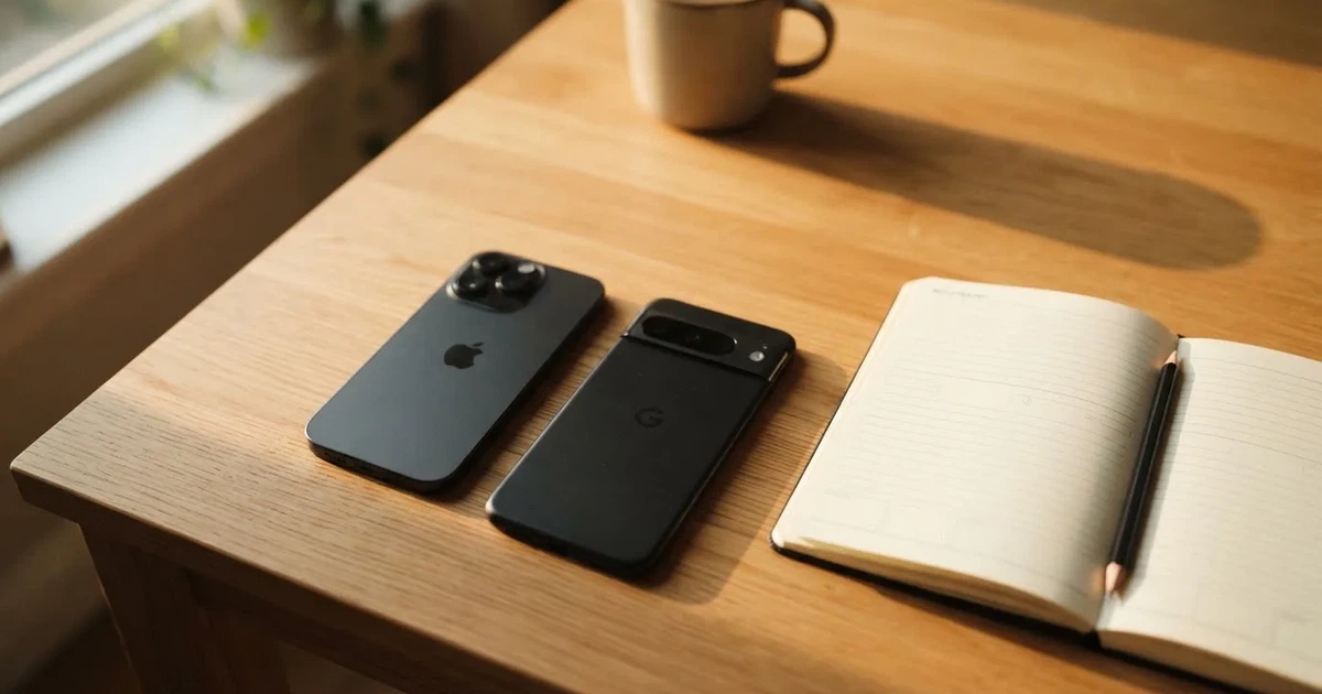 Mehrere Smartphones liegen mit dem Display nach unten neben einem Notizblock und einem Bleistift auf einem hellen Holztisch, seitliches Morgenlicht.