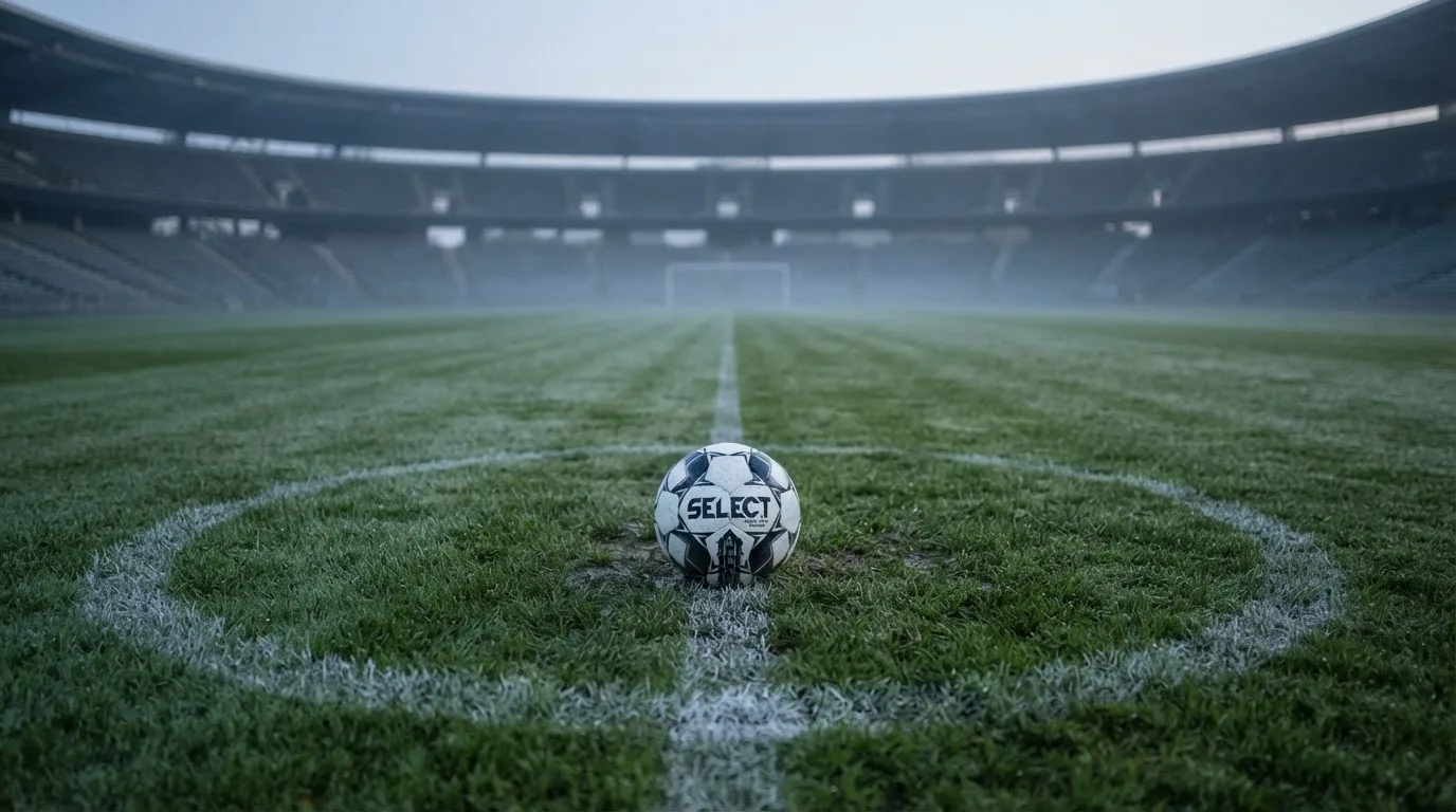 Ein Fußball ruht auf dem Mittelkreis eines leeren Rasenplatzes in der Morgendämmerung, Tau liegt auf dem Gras.