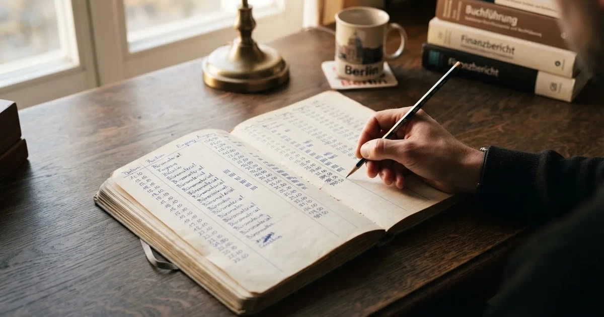 Ein Notizbuch mit handschriftlichen Spalten und Strichlisten liegt neben einem Taschenrechner und einem Bleistift auf einem Schreibtisch.