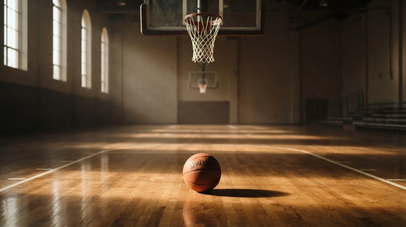 Ein Basketball liegt auf dem Hallenboden unter einem Korb, das Netz hängt ruhig, Morgenlicht fällt durch hohe Fenster.