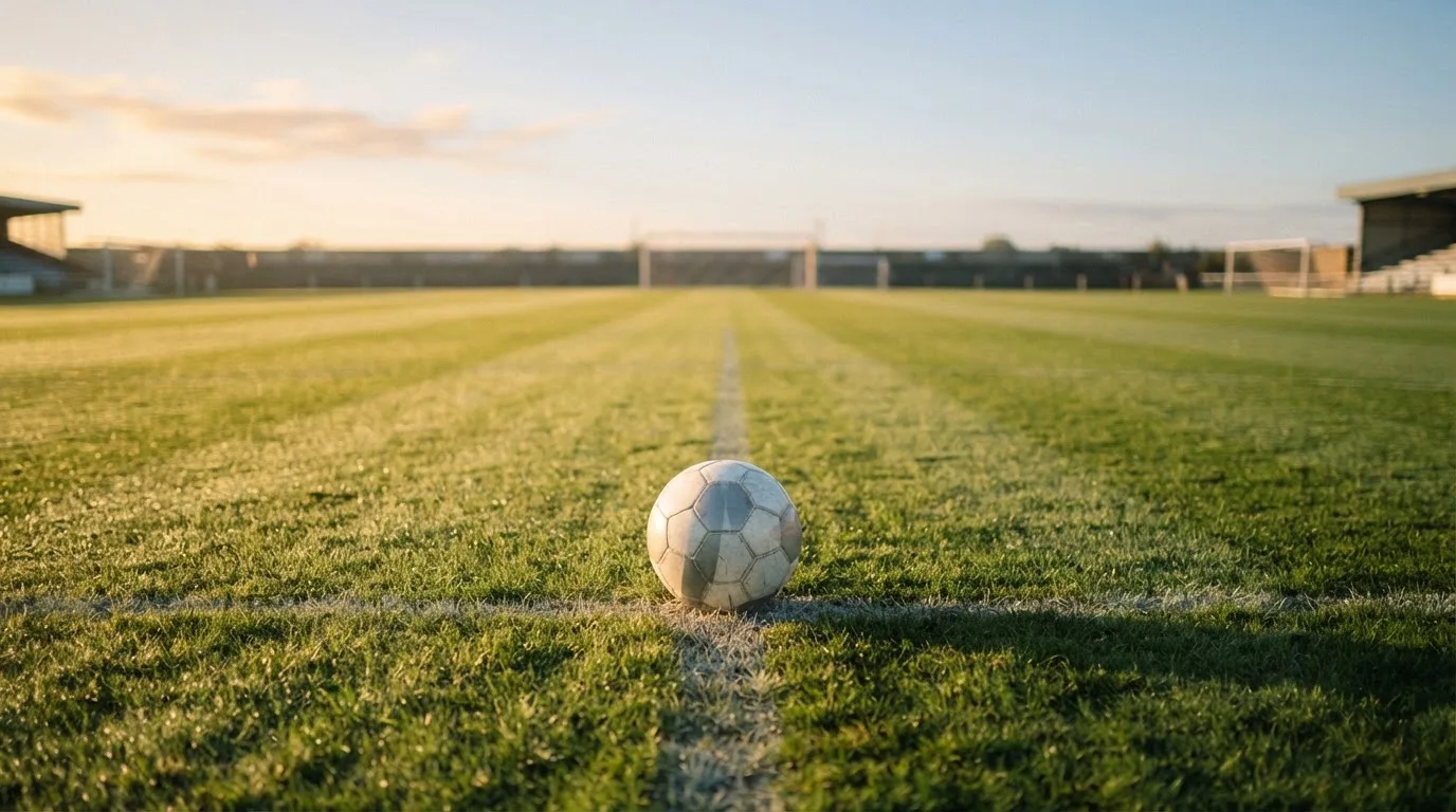 Ein Fußball liegt auf dem Anstoßkreis eines leeren Rasenplatzes im Licht der Morgensonne.