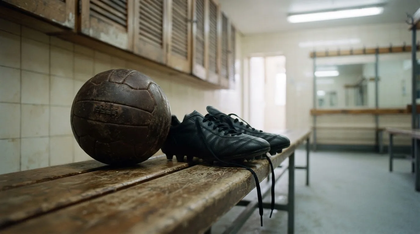 Ein Fußball liegt neben einem Paar Fußballschuhen ohne Markenzeichen auf einer Holzbank in einer leeren Umkleide.