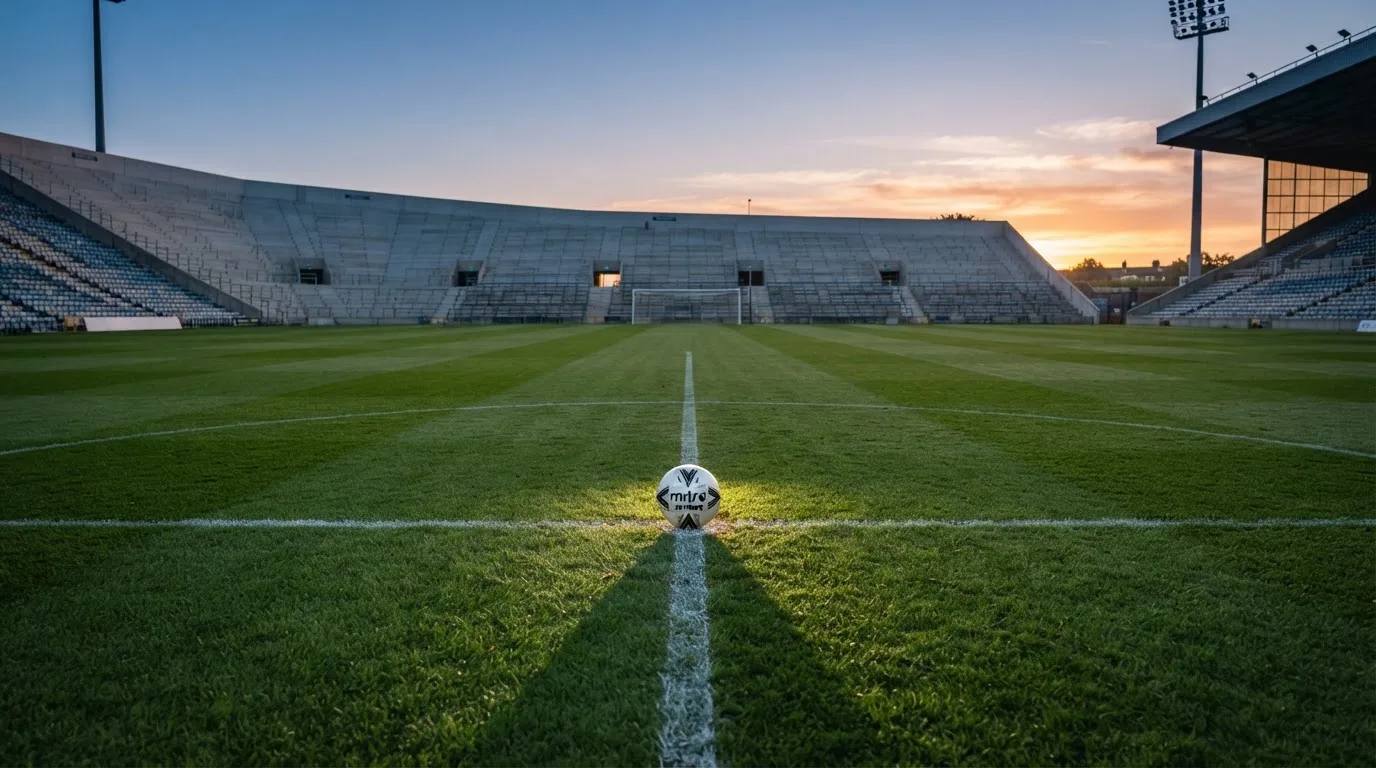 Ein Fußball liegt auf dem Anstoßpunkt eines leeren Rasenplatzes in der Morgendämmerung, im Hintergrund eine leere Tribüne.