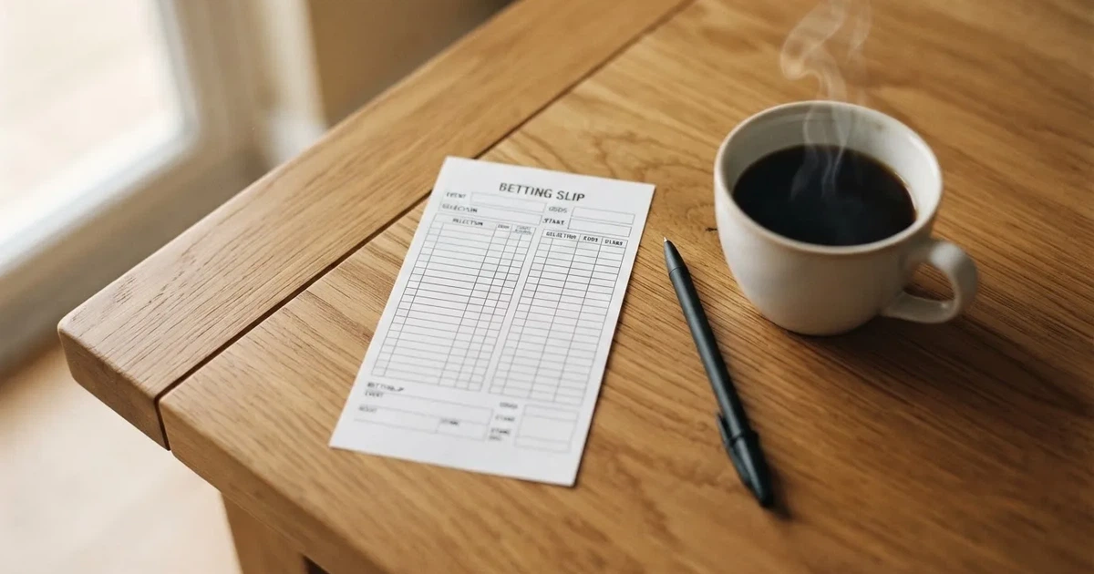 Ein leerer Wettschein aus Papier liegt neben einem Kugelschreiber und einer Tasse Kaffee auf einem Tisch, Aufnahme von oben.