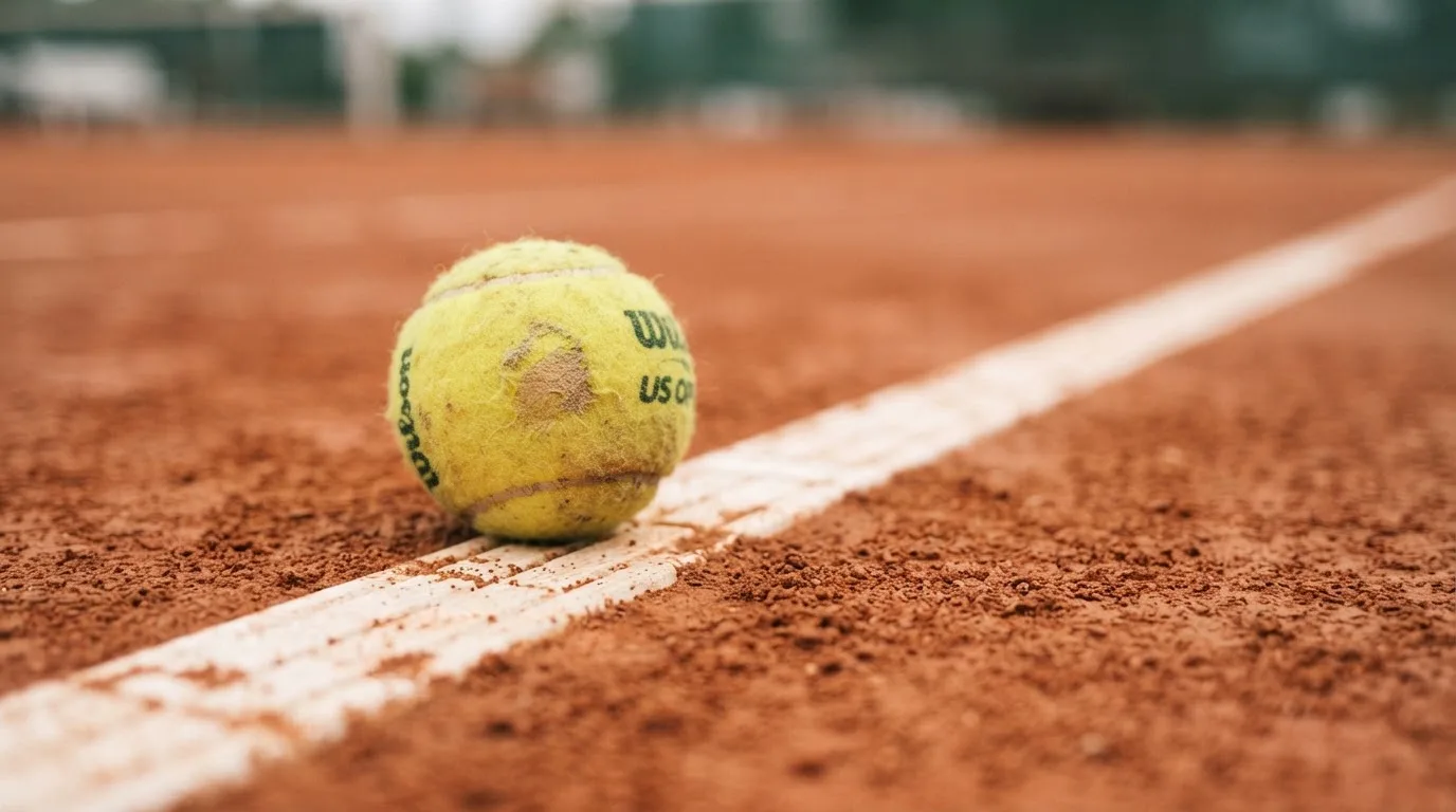 Ein einzelner Tennisball liegt auf rotem Sand neben einer weißen Linie, geringe Schärfentiefe.