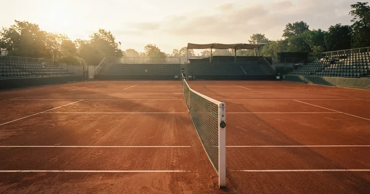 Ein Sandplatz im frühen Morgenlicht, frisch gewalzt, mit weißen Linien und einem Netz im Hintergrund, keine Menschen.