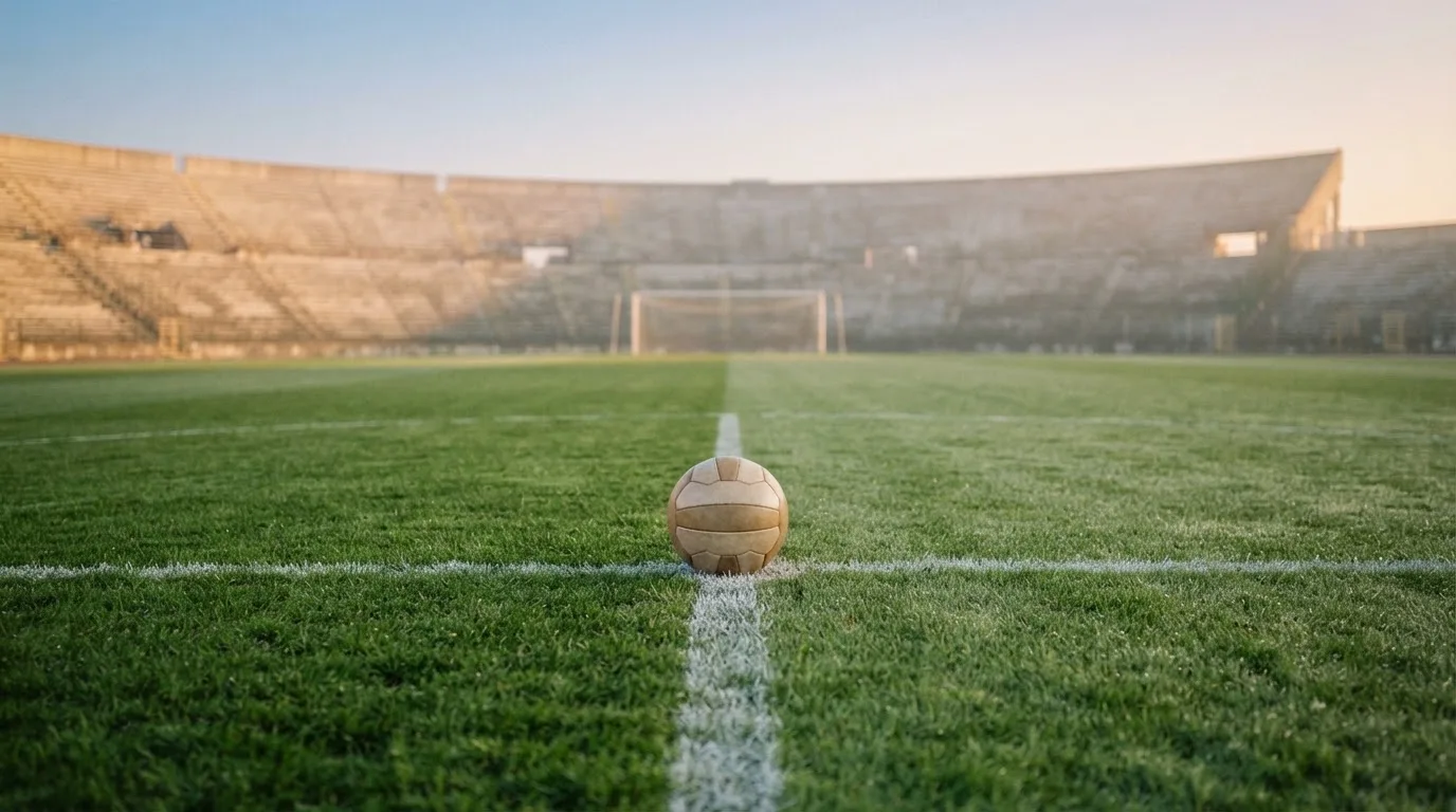 Ein Fußball liegt auf dem Anstoßpunkt eines leeren Rasenplatzes im frühen Morgenlicht, dahinter eine leere Tribüne.