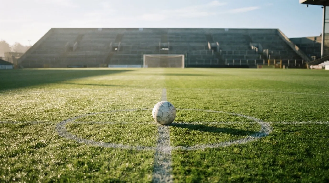 Ein Fußball liegt auf dem Anstoßpunkt eines leeren Rasenplatzes im frühen Morgenlicht, dahinter eine leere Tribüne.