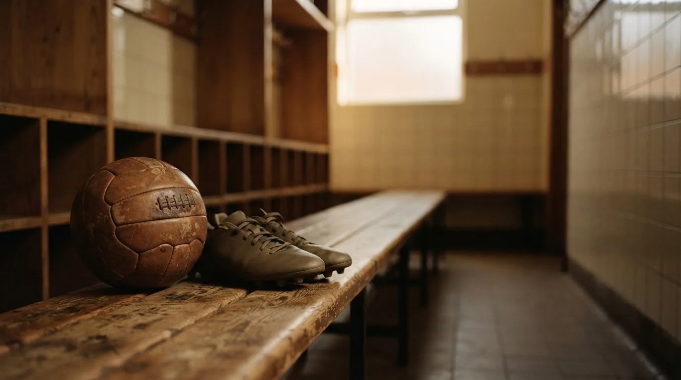 Ein Fußball liegt auf einer Holzbank in einer leeren Umkleide neben einem Paar Fußballschuhen ohne Markenzeichen.