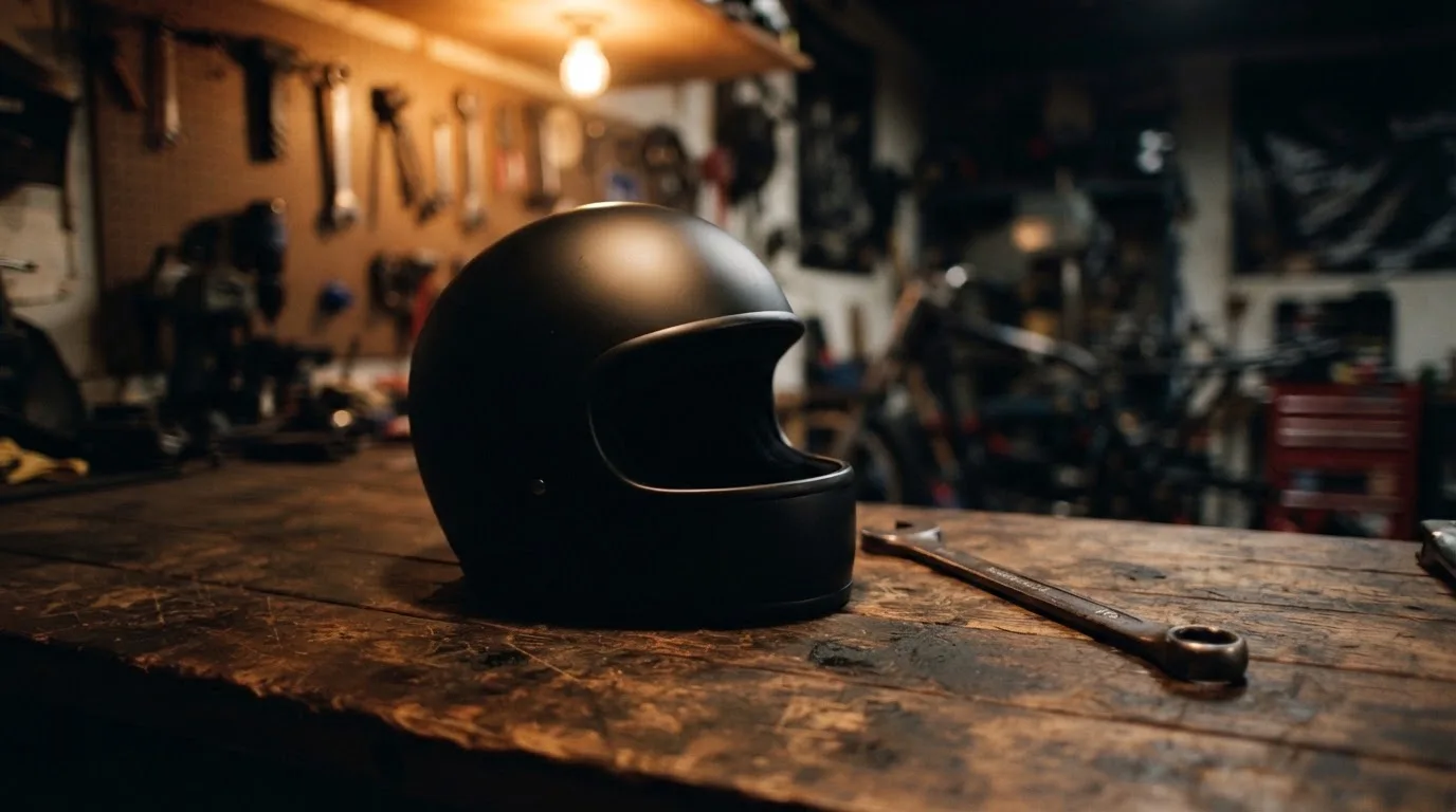 Ein schwarzer Motorradhelm ohne Aufdruck liegt auf einer Werkbank neben einem Schraubenschlüssel, warmes Licht einer Werkstatt.